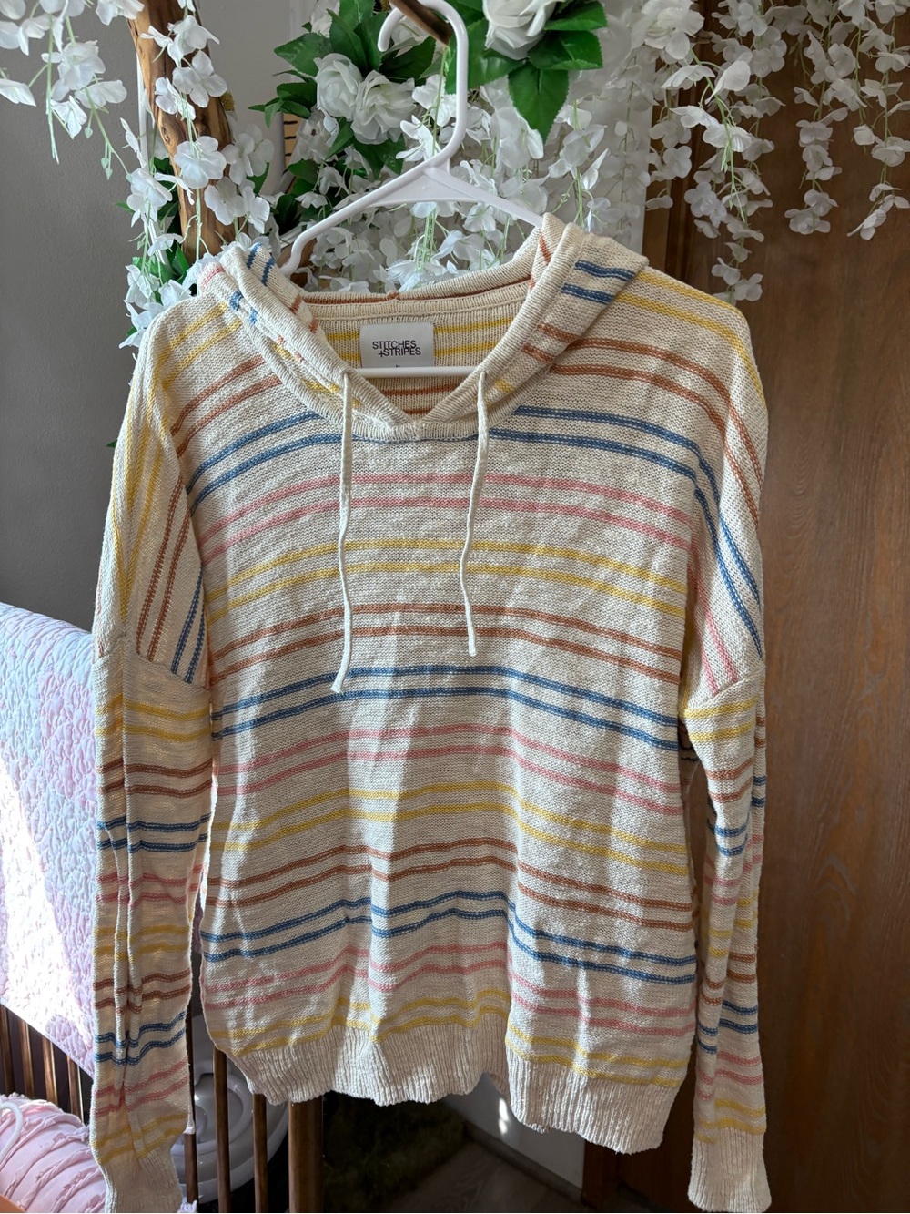 Stitches & Stripes Cream Multi-Color Striped Cowl Hoodie Sweater 100% Cotton